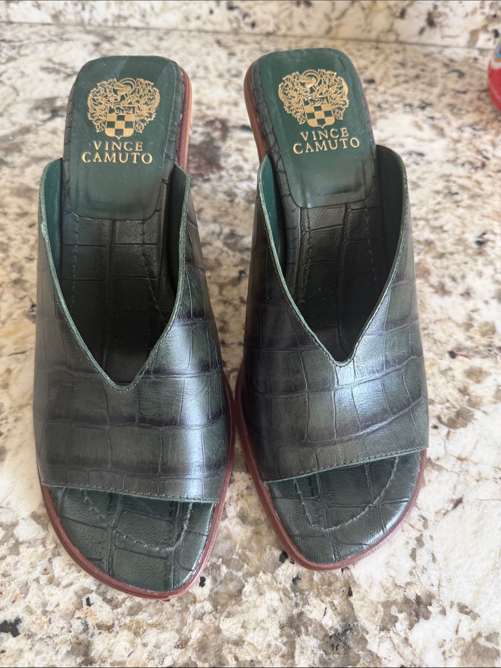 Vince Camuto Dark Green Croc-Embossed Leather Mule Heels - Picture 3 of 7
